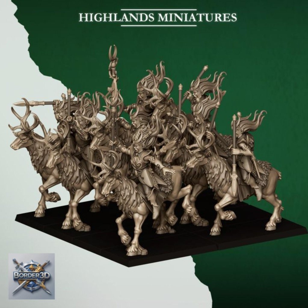 Elf Deer Cavalry | 32mm Resin Moonlight Sisters Stag Riders | 3D Printed Unpainted Highlands Miniatures - Border3d