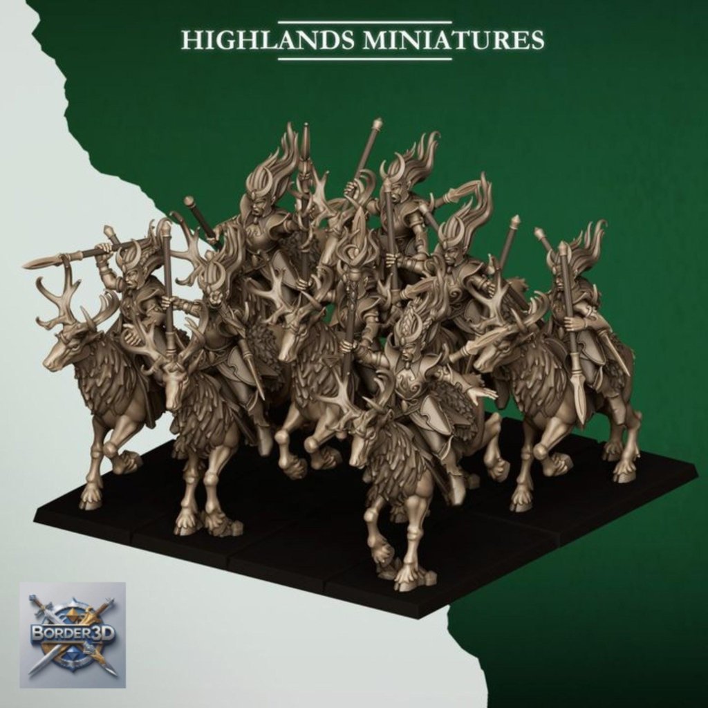 Elf Deer Cavalry | 32mm Resin Moonlight Sisters Stag Riders | 3D Printed Unpainted Highlands Miniatures - Border3d