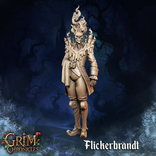 Flickerbrandt Grim Chronicles 3D resin miniature front view by Border3D LLC