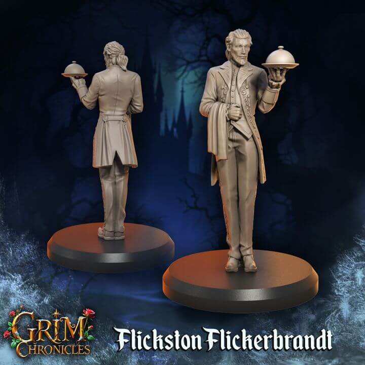 Flickston Flickerbrandt Grim Chronicles collectible figurine displaying detailed craftsmanship in eerie setting.