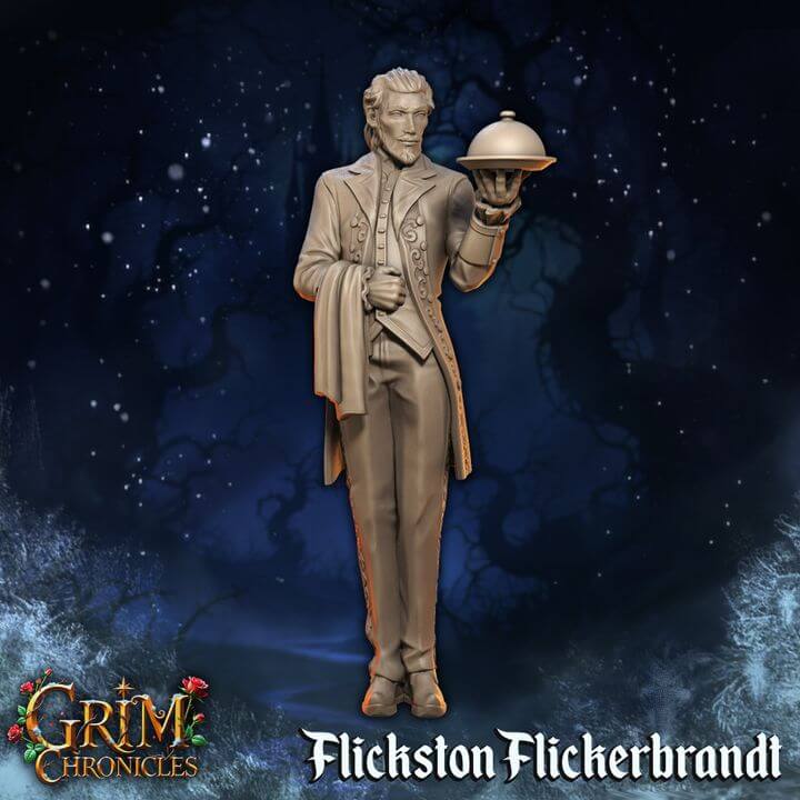 Flickston Flickerbrandt Grim Chronicles statue in ornate clothing holding a tray against a dark, starry background.