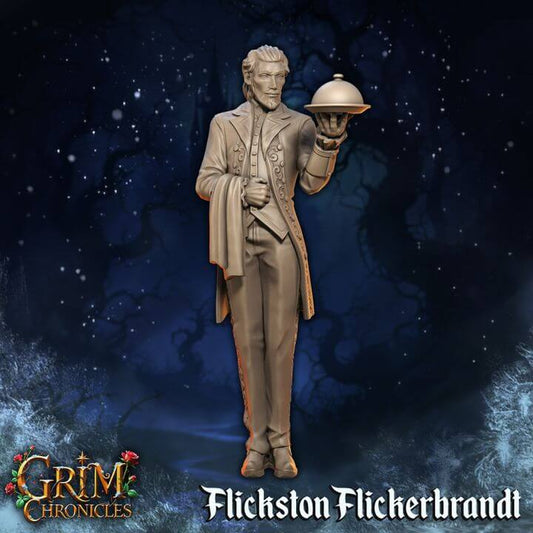 Flickston Flickerbrandt Grim Chronicles statue in ornate clothing holding a tray against a dark, starry background.