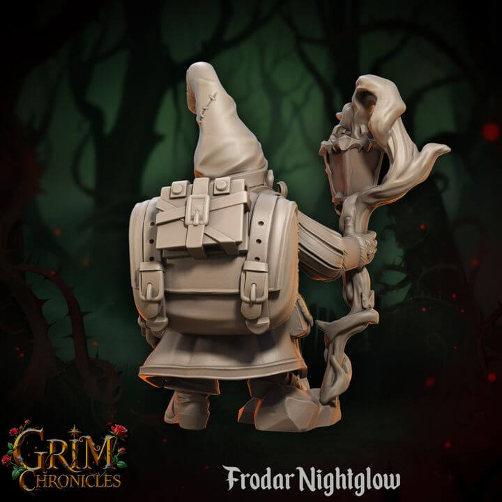 Frodar Nightglow Grim Chronicles character model in a dark forest setting, featuring detailed cloak and staff design.