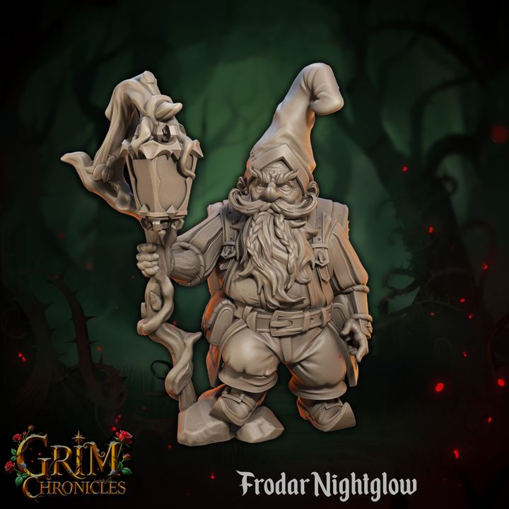 Frodar Nightglow Grim Chronicles figurine holding a staff in a dark forest setting.