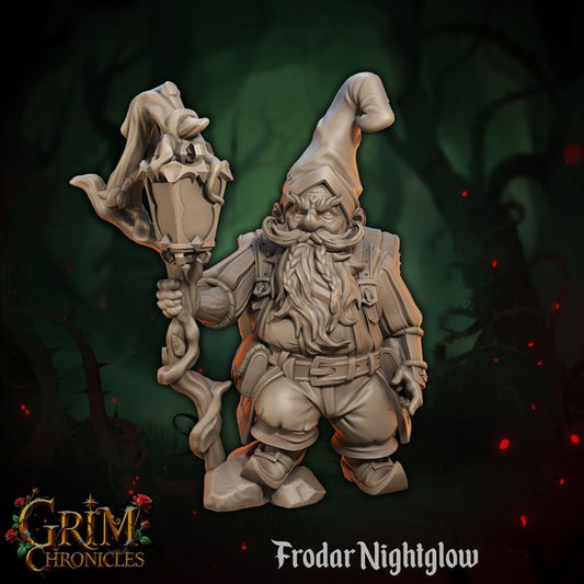 Frodar Nightglow Grim Chronicles figurine holding a staff in a dark forest setting.