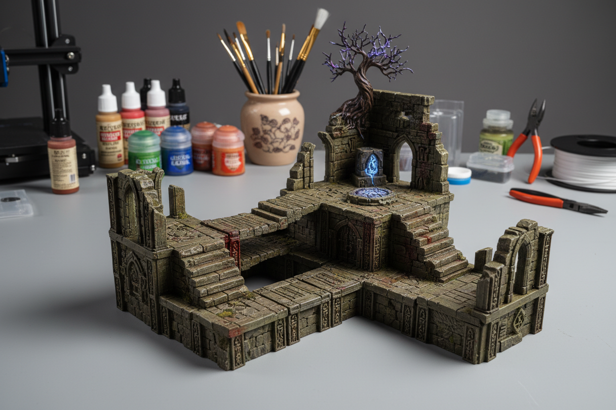 "Generate a high-resolution photo of a custom tabletop terrain piece crafted with a 3D printer. The terrain should feature rich textures—stone ruins, modular walkways, or fantasy landscapes—hand-painted and detailed. Position the terrain on a clean, well-lit workbench, with visible 3D printing tools and paint bottles in the background for authenticity. Use natural studio lighting, a slightly blurred background, and dramatic perspective to highlight craftsmanship. Make the image suitable for D&D, wargaming, 
