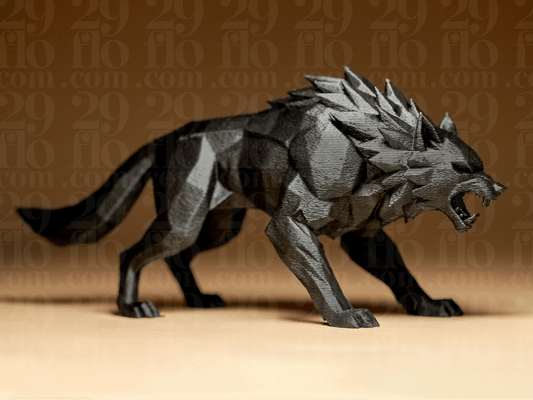 29flo Geometric Wolf Figurine 3D printed low-poly sculpture with sharp faceted angles and fierce stance with signature fuzzy texture finish in PLA or Resin officially licensed printed by Border3D LLC veteran-owned Texas
