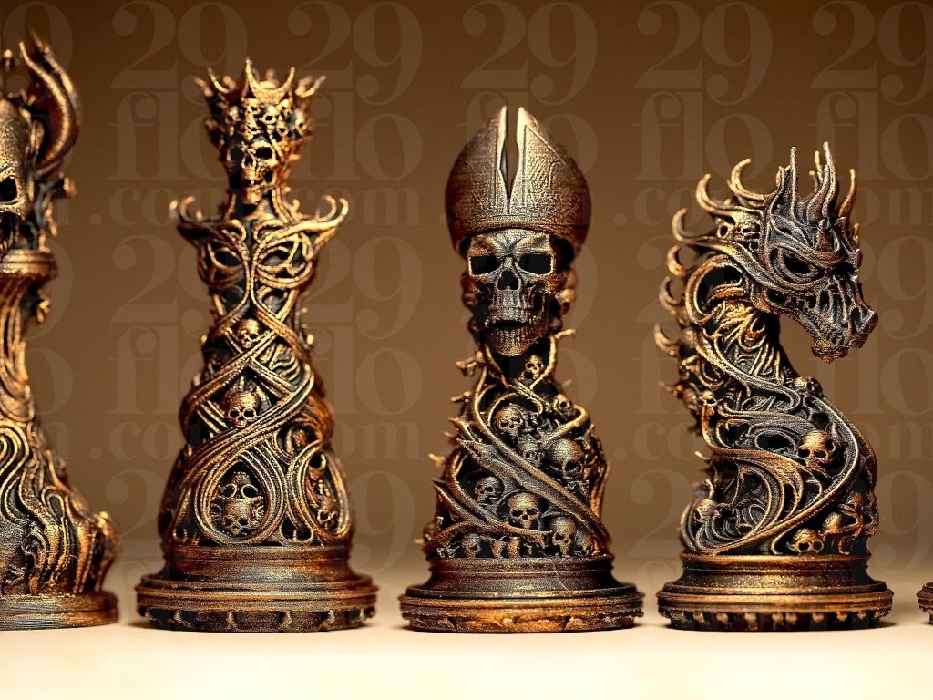 Gothic Skull Chess Set 3D Printed | 32 Piece Dark Fantasy Chess Pieces | DnD Necromancer Decor Gift | 29flo - Border3d