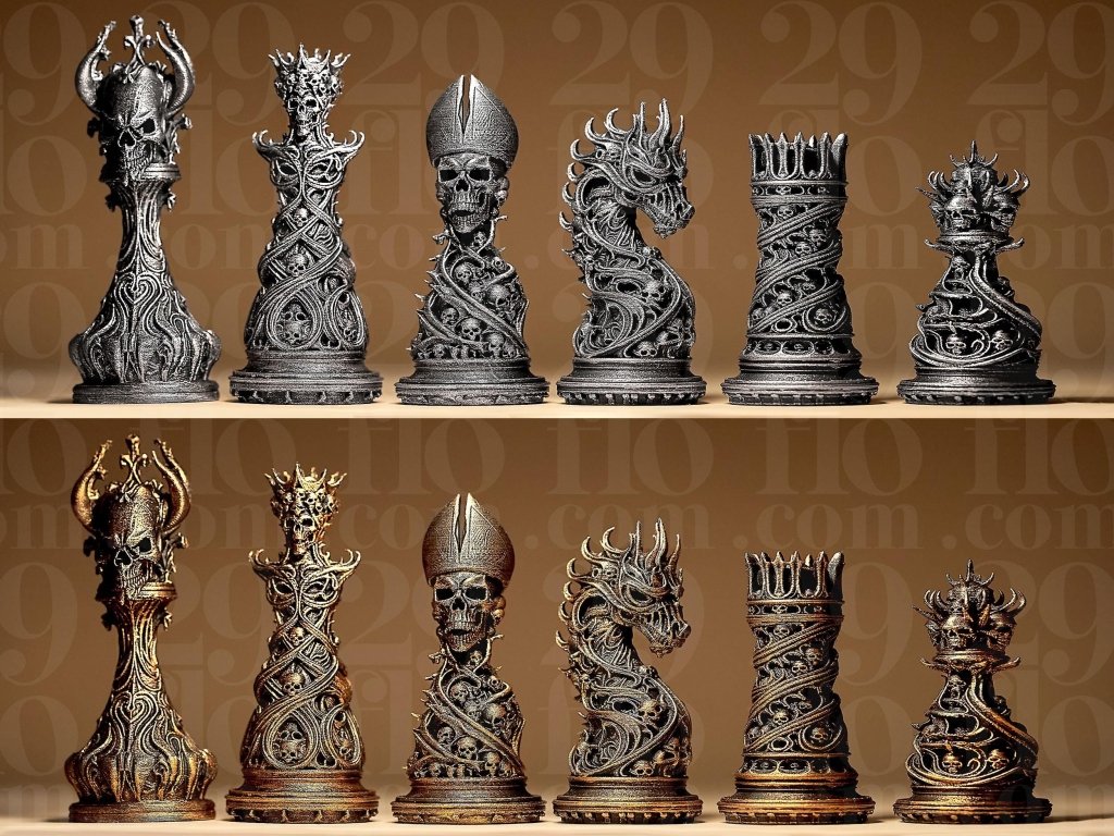 Gothic Skull Chess Set 3D Printed | 32 Piece Dark Fantasy Chess Pieces | DnD Necromancer Decor Gift | 29flo - Border3d