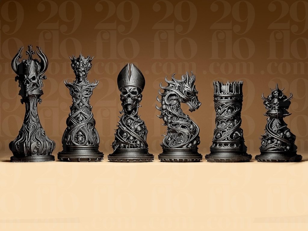 Gothic Skull Chess Set 3D Printed | 32 Piece Dark Fantasy Chess Pieces | DnD Necromancer Decor Gift | 29flo - Border3d