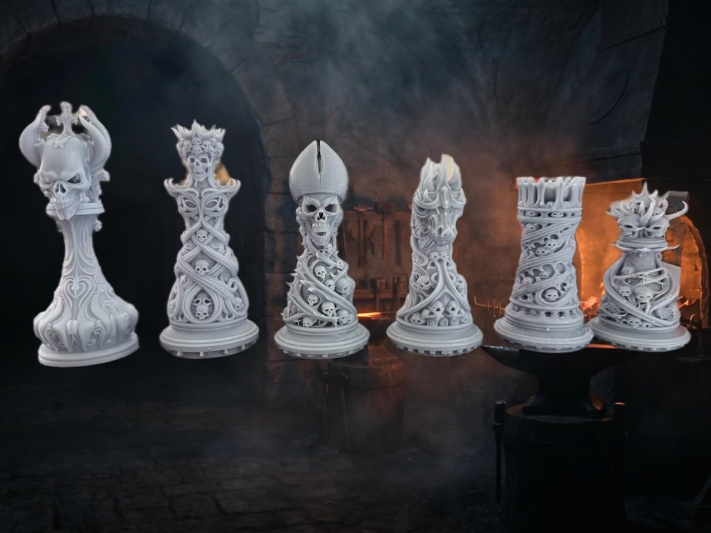 Gothic Skull Chess Set 3D Printed | 32 Piece Dark Fantasy Chess Pieces | DnD Necromancer Decor Gift | 29flo - Border3d
