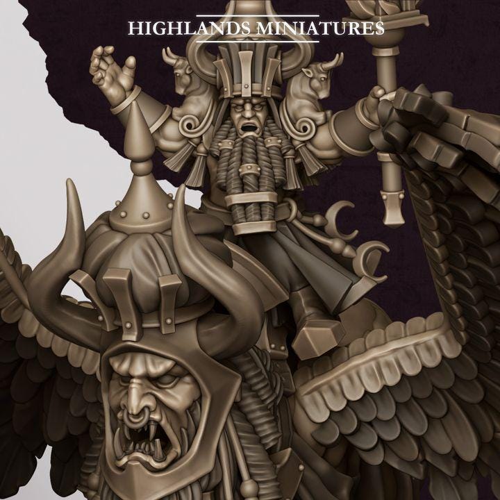Great Sorcerer of Marduk on Lamassu Miniature | Sons of Marduk Centerpiece Hero 28mm 32mm 3D Printed DnD RPG | Highlands - Border3d