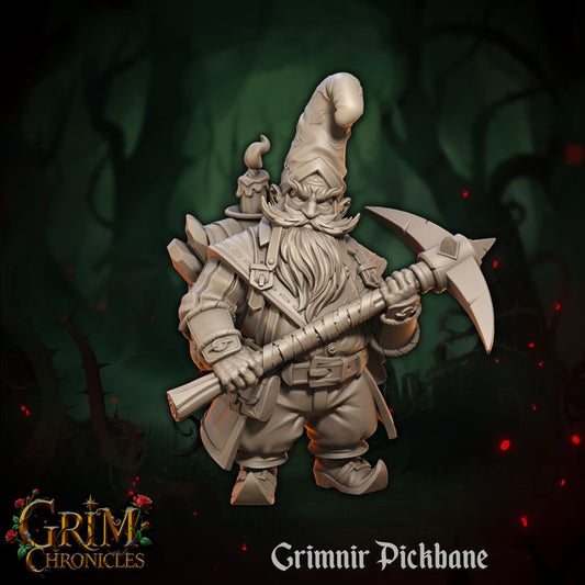 3D printed mini of Grimnir Pickbane Grim Chronicles, a dwarven delver with a pickaxe by Border3D LLC.
