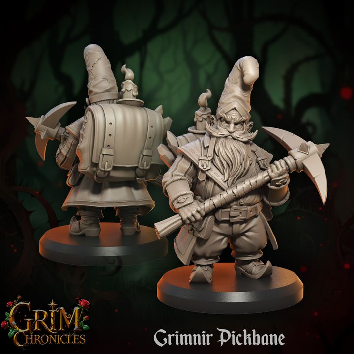 3D printed Grimnir Pickbane Grim Chronicles resin miniature, depicting a dwarven delver with a pickaxe, by Border3D LLC.
