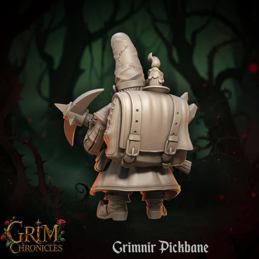 Grimnir Pickbane Grim Chronicles resin miniature by Border3D LLC, depicting a dwarven delver with pickaxe in dark fantasy setting.