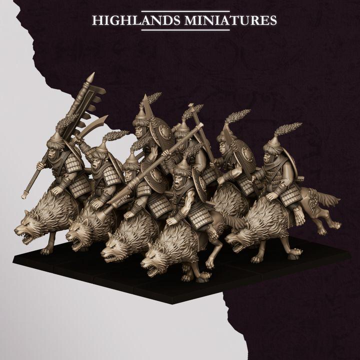 Hobgoblin Riders Wolf Cavalry Miniatures | Sons of Marduk Modular Hand Weapon Bow 28mm 32mm 3D Printed DnD RPG | Highlands - Border3d