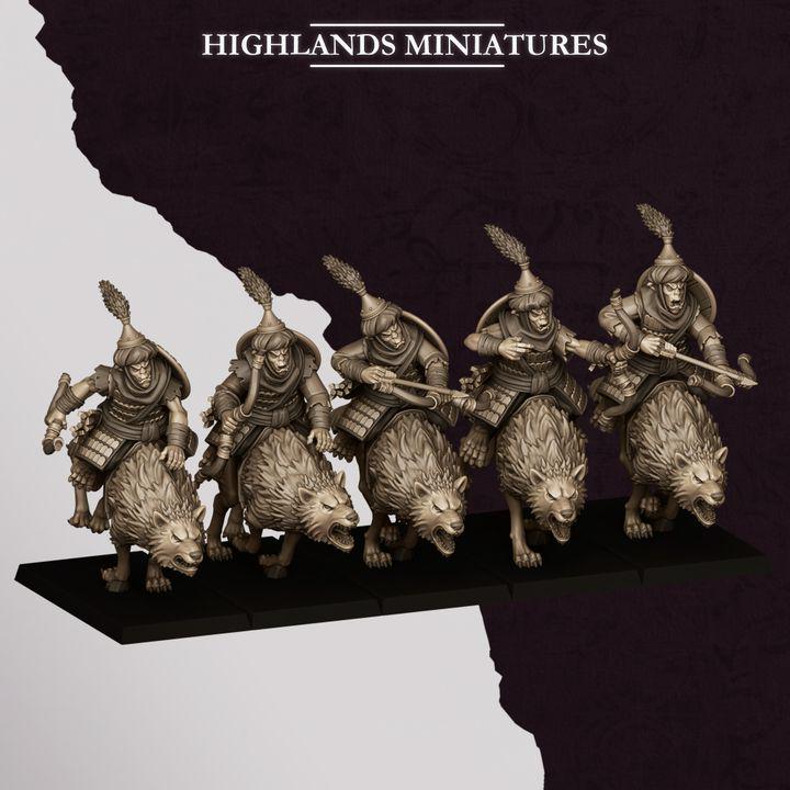Hobgoblin Riders Wolf Cavalry Miniatures | Sons of Marduk Modular Hand Weapon Bow 28mm 32mm 3D Printed DnD RPG | Highlands - Border3d