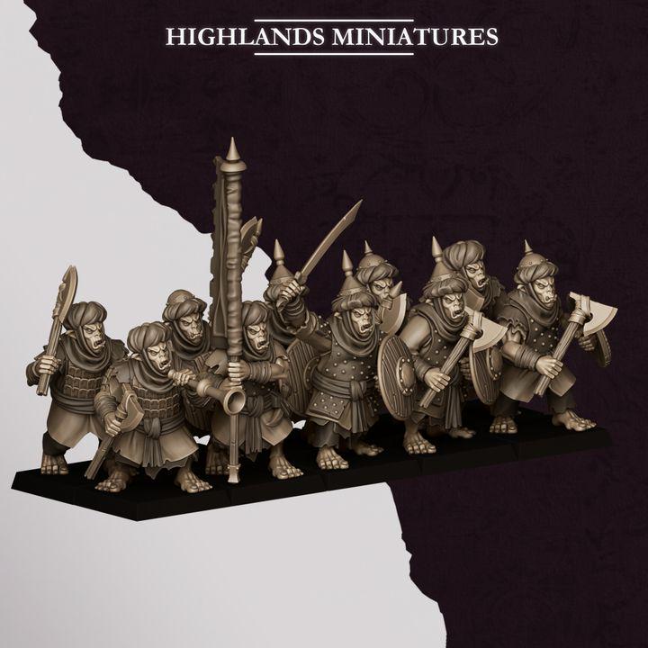 Hobgoblin Warriors Miniatures | Sons of Marduk Infantry Unit Hand Weapon Shield 28mm 32mm 3D Printed DnD RPG | Highlands Miniatures - Border3d