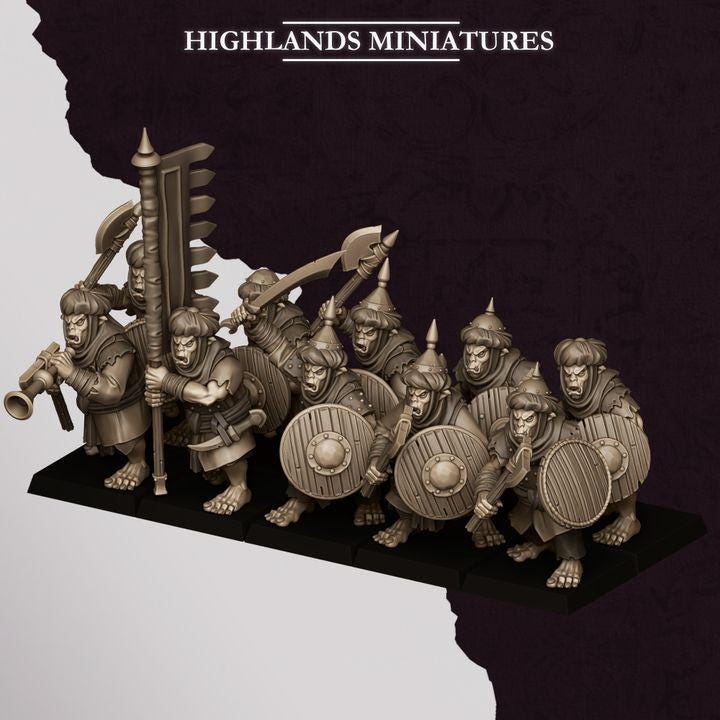 Hobgoblin Warriors Miniatures | Sons of Marduk Infantry Unit Hand Weapon Shield 28mm 32mm 3D Printed DnD RPG | Highlands Miniatures - Border3d