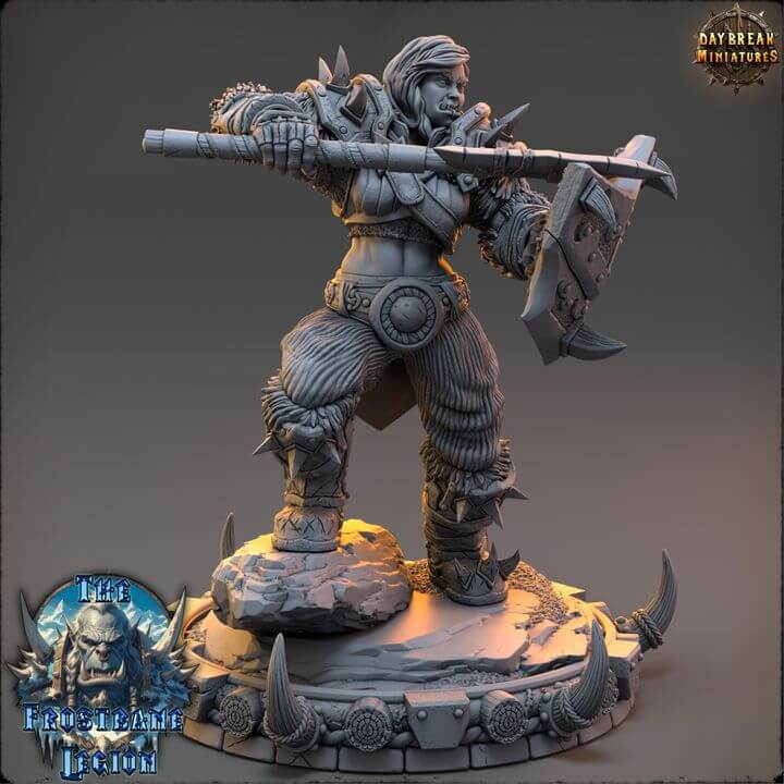 Kaelra Frostvein Frostbane 3D Print by Border3d LLC, detailed warrior mini from Frostbane Legion on display, perfect for collectors and painters.