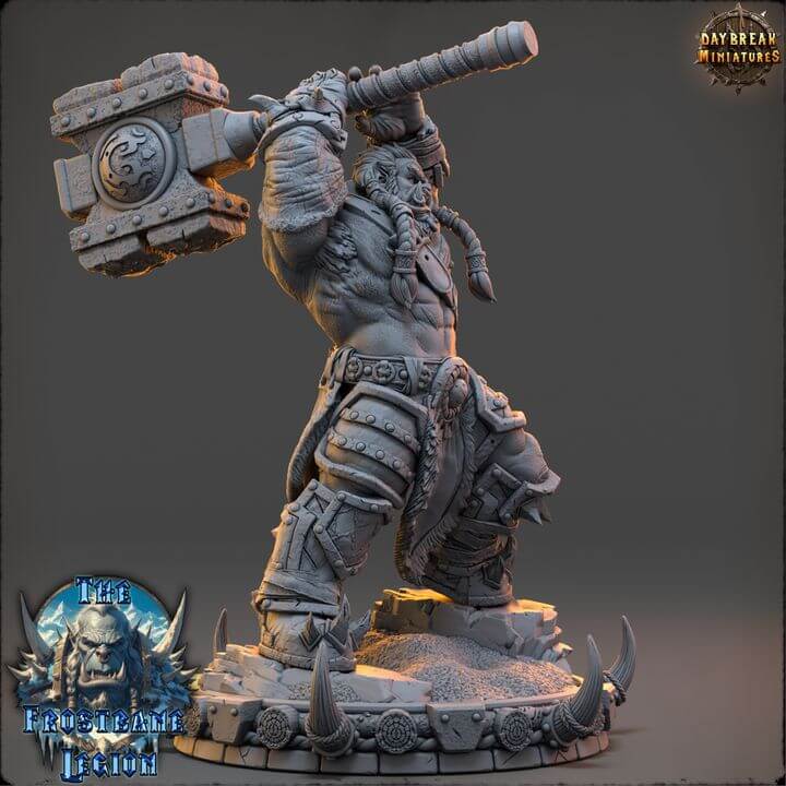 krulgar Bonebreaker Frostbane 3D Print of a warrior with a giant hammer, showcasing intricate detailing and craftsmanship.