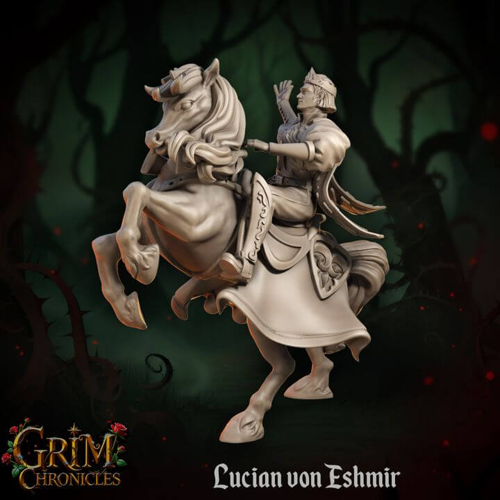 Lucian Von Eshmir Grim Chronicles figurine of a knight on horseback, set against a mysterious forest backdrop.
