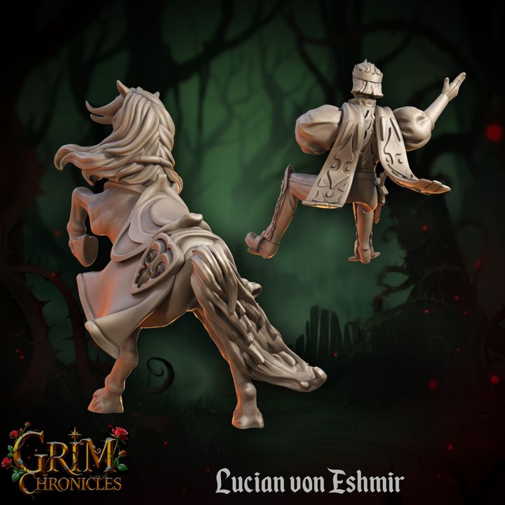 Lucian Von Eshmir Grim Chronicles figurine on horseback in a mystical forest