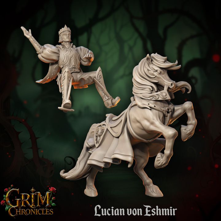 Lucian Von Eshmir Grim Chronicles figurine depicting a knight in decorative armor with a horse in a forest setting.