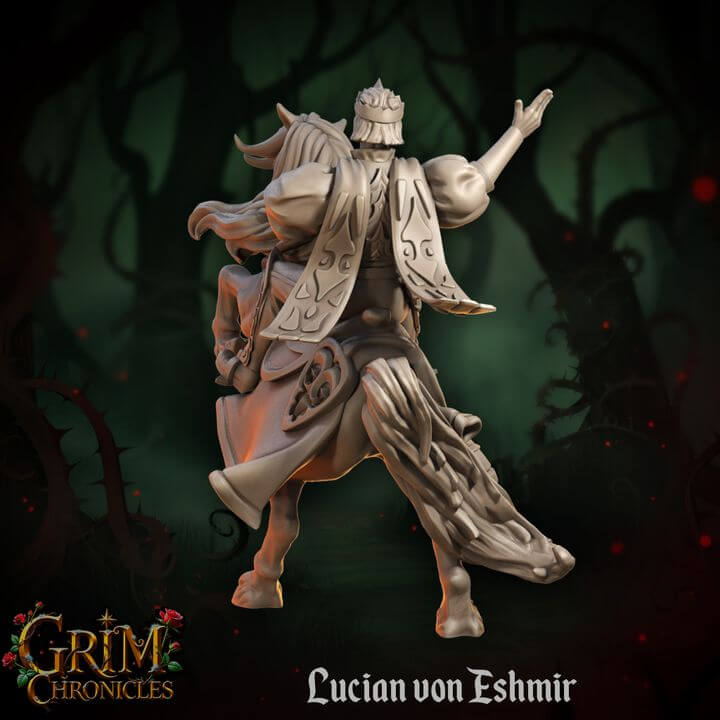 Lucian Von Eshmir Grim Chronicles figurine in dramatic pose with dark forest background