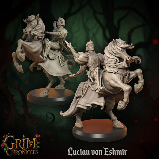 Lucian Von Eshmir Grim Chronicles figurine on horseback in fantasy setting