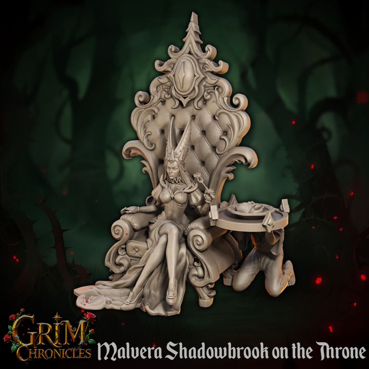 3D printed Malvera shadowbrook throne Grim Chronicles miniature resin sculpture on a throne from Border3D LLC.