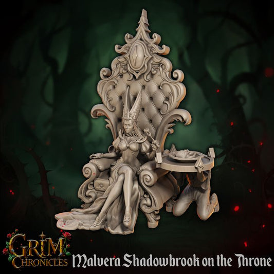 3D printed Malvera shadowbrook throne Grim Chronicles miniature resin sculpture on a throne from Border3D LLC.