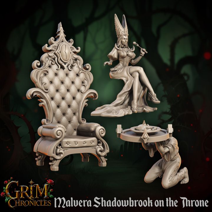 Malvera Shadowbrook Throne Grim Chronicles resin miniature by Border3D, Texas, depicting a dark fantasy queen on her throne.