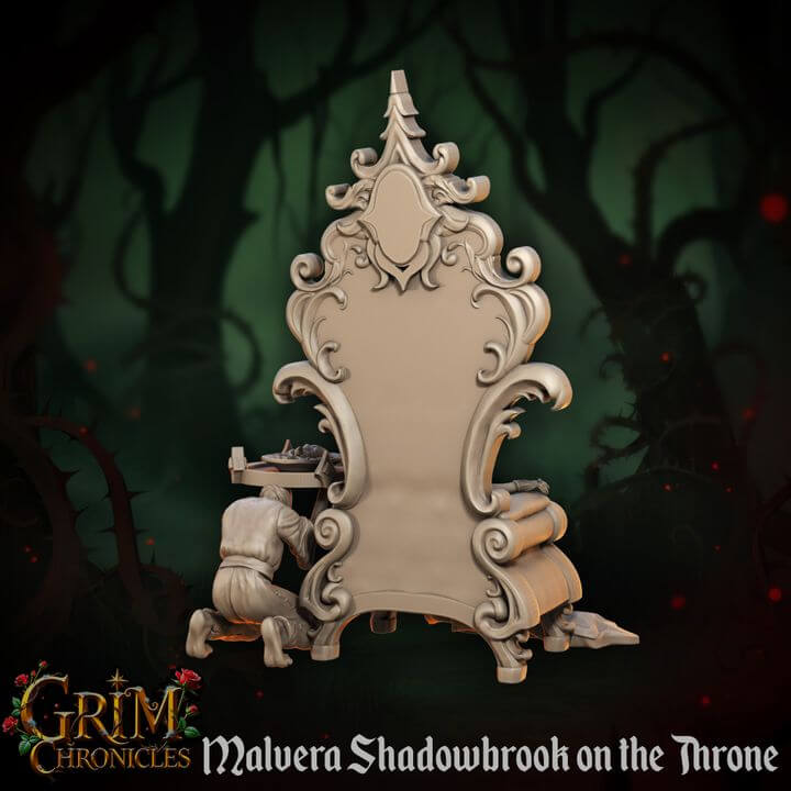 Malvera Shadowbrook Throne Grim Chronicles miniature showcasing intricate details in a dark fantasy design, 3D printed by Border3D LLC.