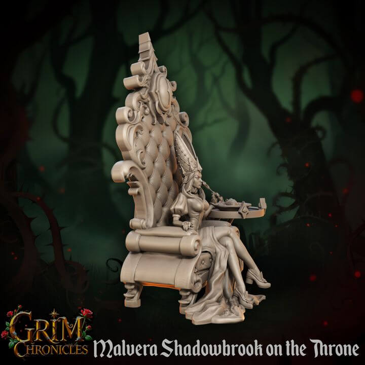 3D printed Malvera Shadowbrook Throne Grim Chronicles resin miniature by Border3D, featuring dark fantasy design.