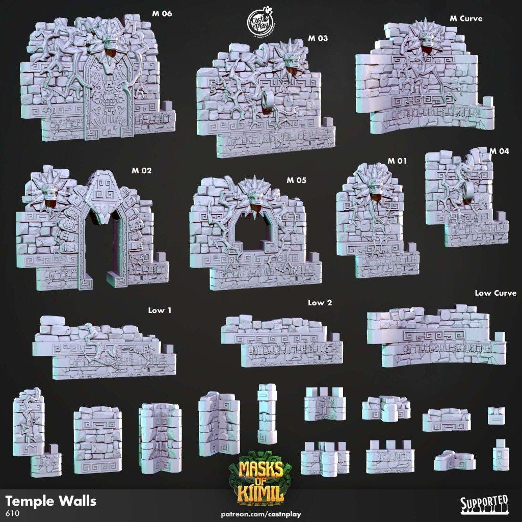 Masks of Kiimil Temple Walls Terrain | 3D Printed Resin Scenery | Cast N Play DnD Tabletop RPG - Border3d