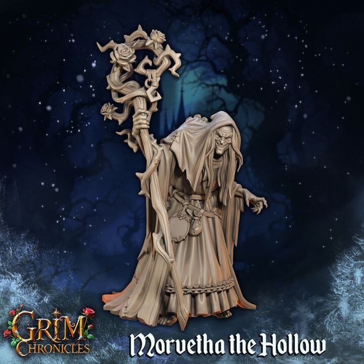 "Morvetha The Hollow Grim Chronicles 3D resin miniature front view Border3D LLC"