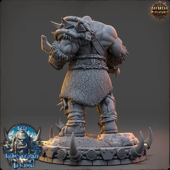 3D model of Mournak Ironblood The Frostbane Legion, detailed character design with spiked armor and rugged textures, rear view.