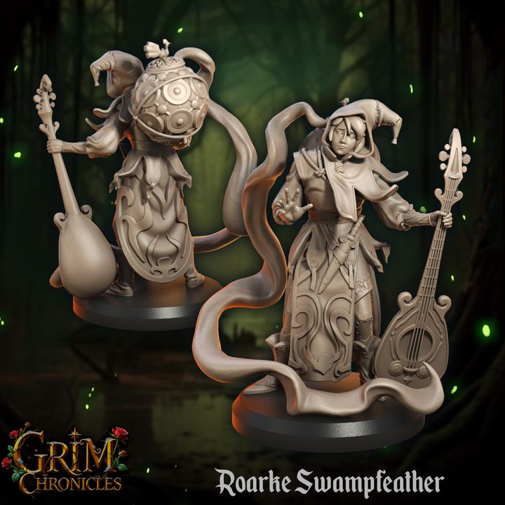 Roarke Swampfeather Grim Chronicles figurines in a mystical forest setting.
