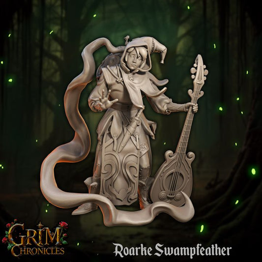 Roarke Swampfeather Grim Chronicles figurine with musical instrument in a mystical forest setting.