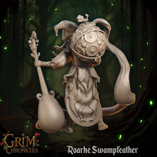 Roarke Swampfeather Grim Chronicles figurine with lute in mysterious forest setting.