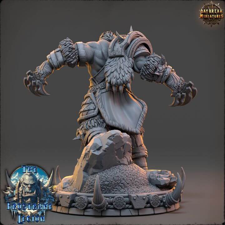 Figurine of Skalgrim The Unyielding Frostbane Legion with intricate armor and fearsome stance on rocky base