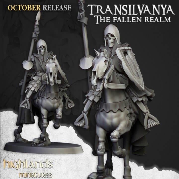 Spectral Skeleton Cavalry Miniature | 32mm Undead Riders, Ghost Horses (3D Printed) Resin - Border3d