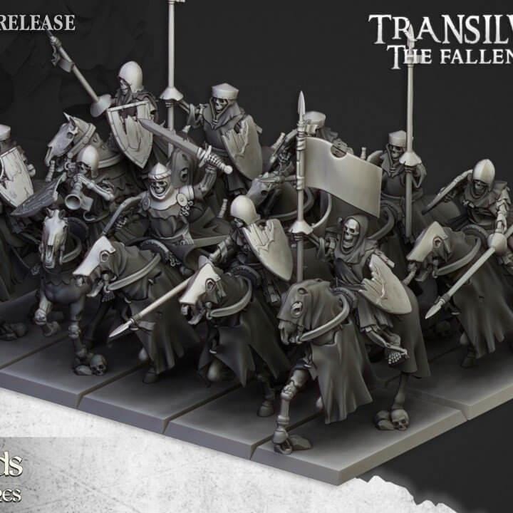 Spectral Skeleton Cavalry Miniature | 32mm Undead Riders, Ghost Horses (3D Printed) Resin - Border3d