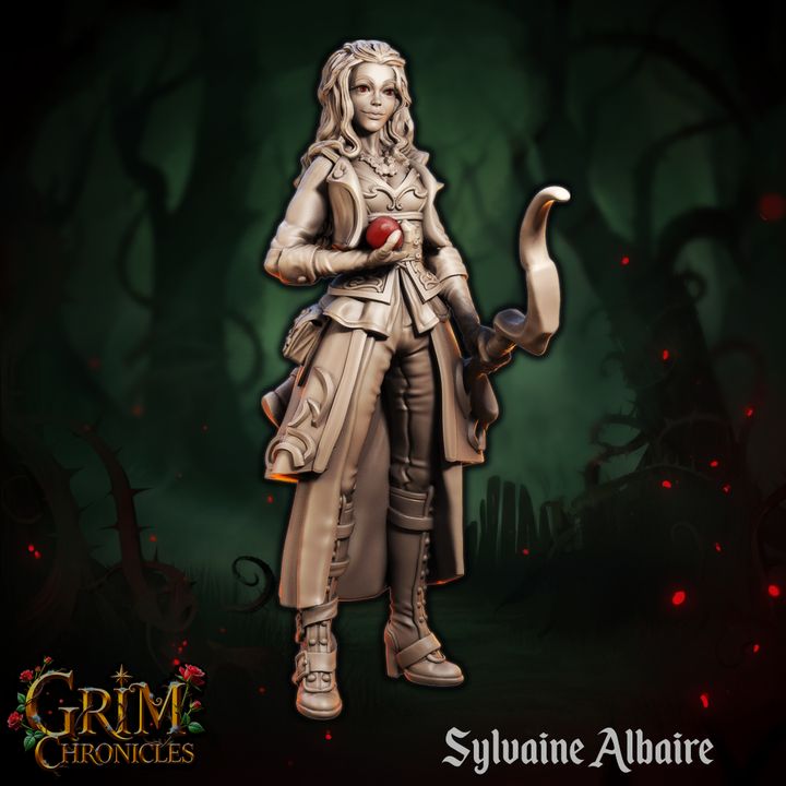 Sylvaine Albaire Grim Chronicles figurine in a mystical forest setting.