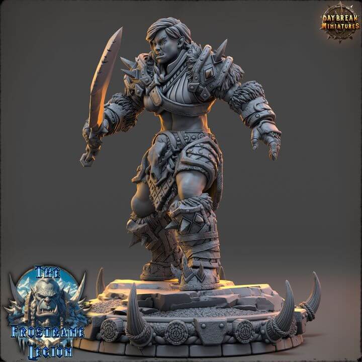 Syrka The Blizzardborn Frostbane Legion miniature figurine on display with intricate armor and sword detail.