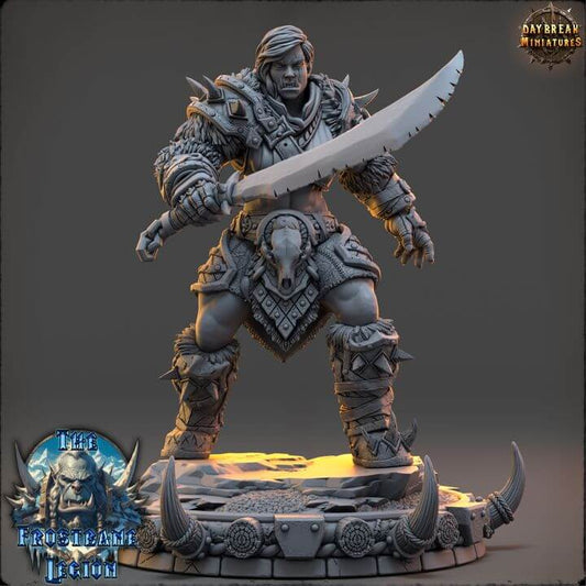 Action figure of Syrka The Blizzardborn Frostbane Legion, warrior holding a large sword, detailed armor and base sculpting visible.