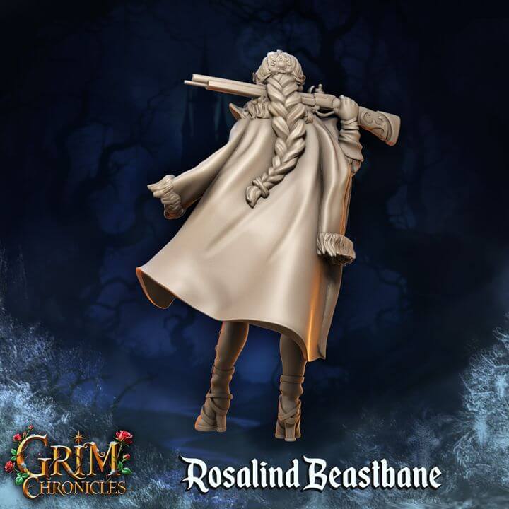 The Huntress Rosalind Beastbane Grim Chronicles resin miniature, premium 3D printed, depicts a hunter with bow in the dark fantasy woods.