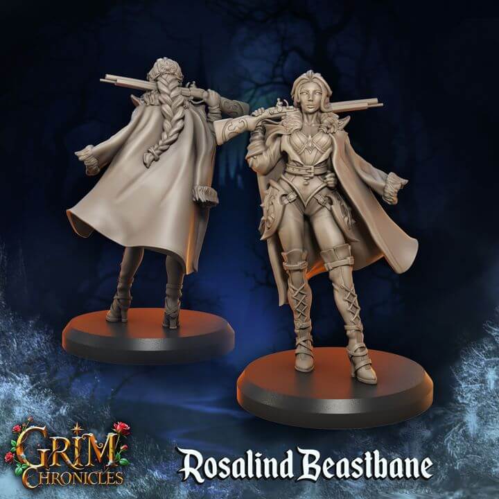 The Huntress Rosalind Beastbane Grim Chronicles resin miniature by Border3D, depicting a fierce fantasy tracker.