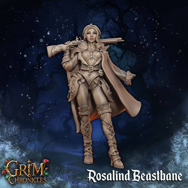 The Huntress Rosalind Beastbane Grim Chronicles miniature in dark fantasy setting, 3D printed by Border3D LLC.